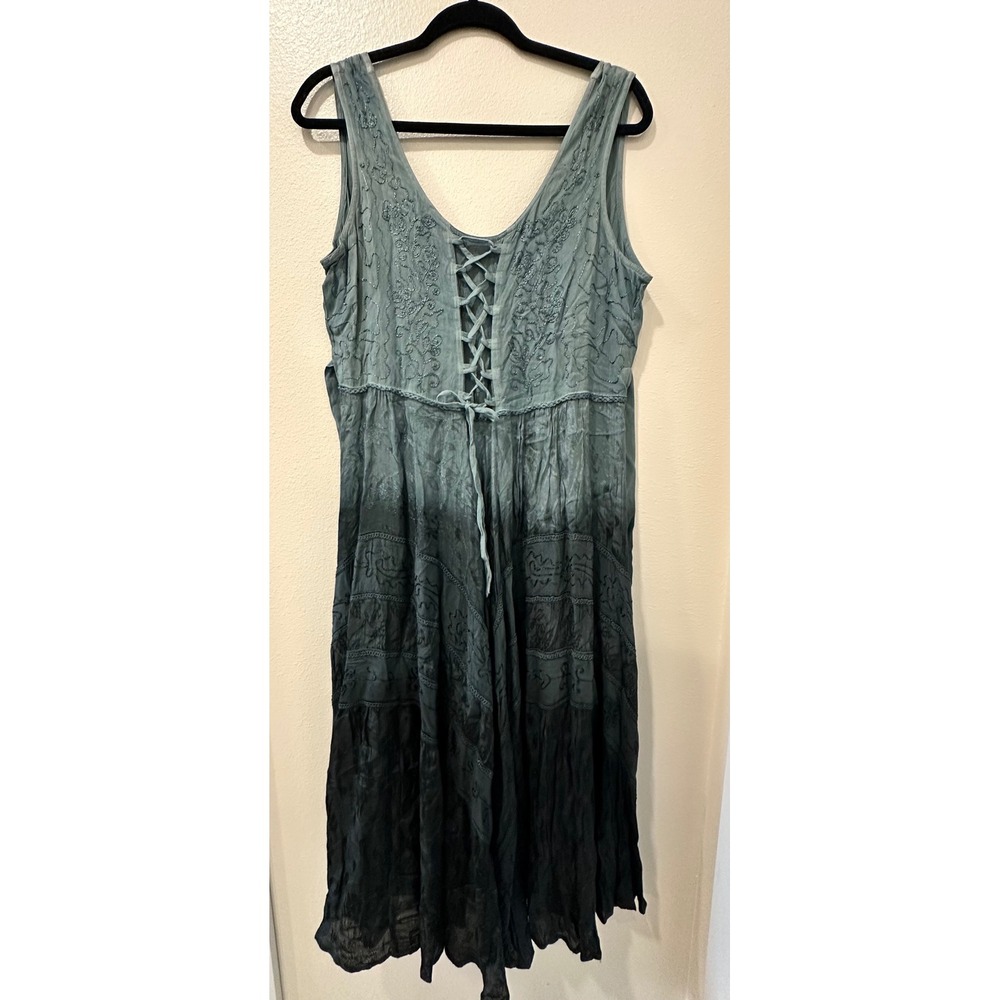 NWT Just Cruising Ombre Embroidered Lace Up Midi Dress Green Grey Boho Large
